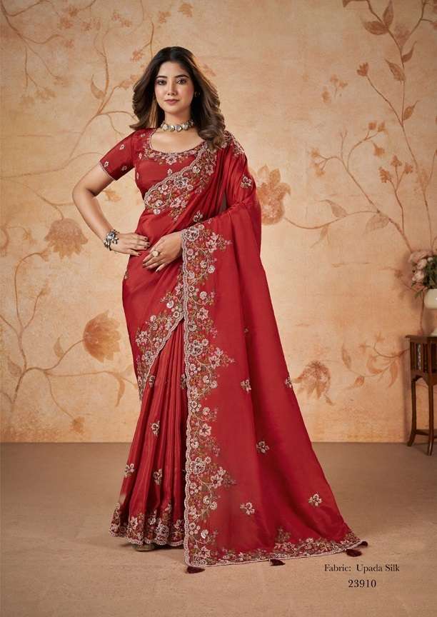 LATEST DESIGNER FANCY WEDDING PARTY WEAR SILK INDIAN RED SAREE WITH SM MHTSV DAKSHITA 23910