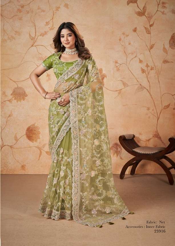 LATEST DESIGNER FANCY WEDDING PARTY WEAR SILK INDIAN GREEN SAREE WITH SM MHTSV DAKSHITA 23916