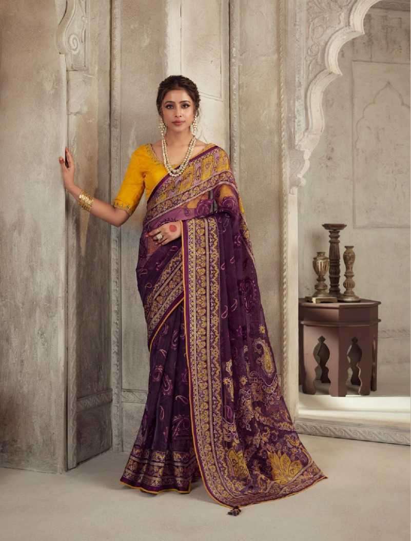 LATEST DESIGNER FANCY WEDDING PARTY WEAR WINE BRASSO ORGANZA SILK INDIAN SAREE SM KIM MEERA 17003