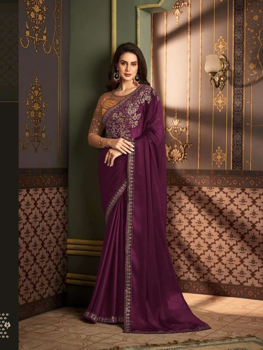 LATEST DESIGNER FANCY WEDDING PARTY WEAR WINE SARTIN SILK INDIAN SAREE WITH SM TFH 1202 C