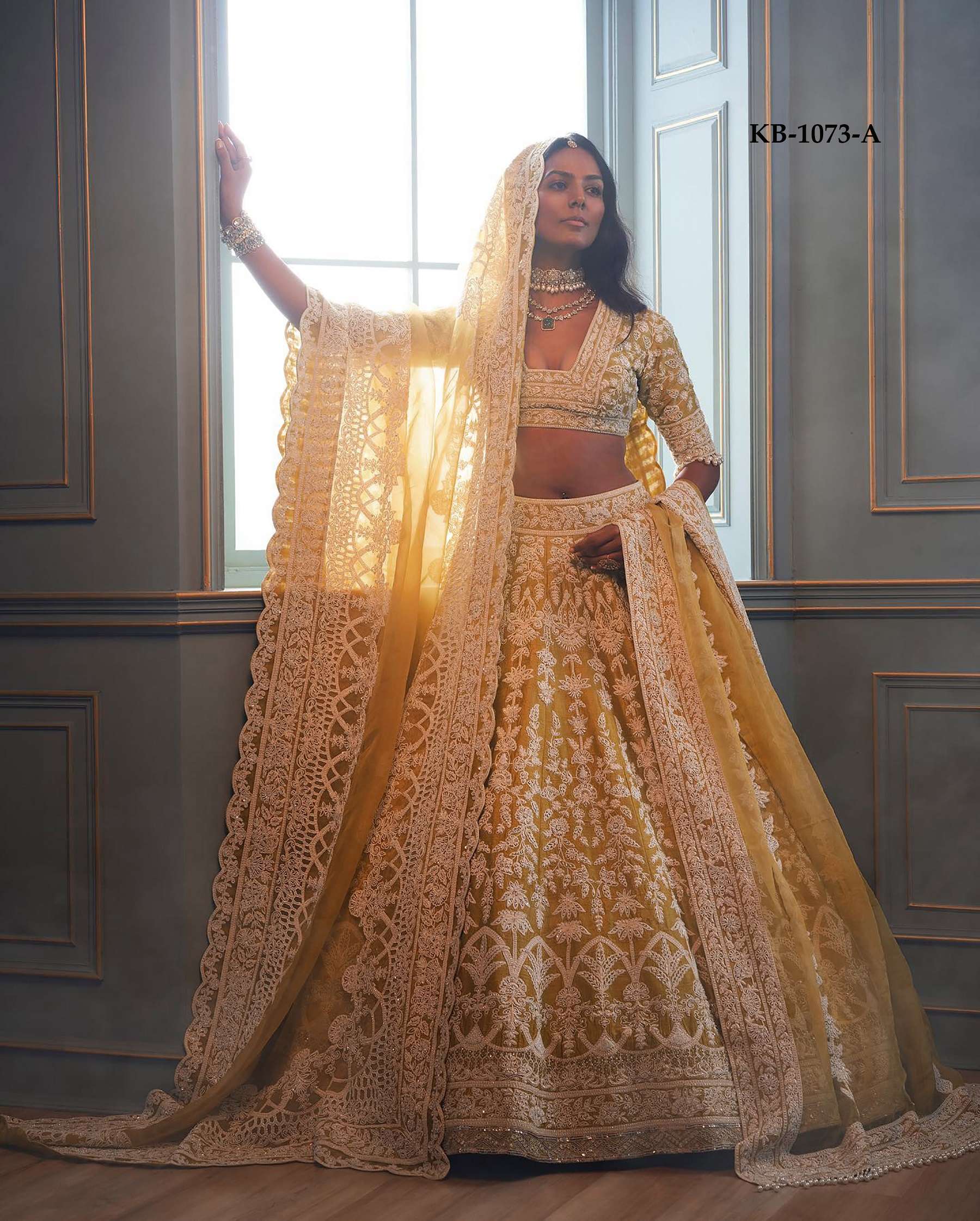 BEST QUALITY INDIAN DESIGNER BOLLYWOOD WEDDING PARTY WEAR YELLOW LEHENGA CHOLI AT WHOLESALE RATE KB 1073 A