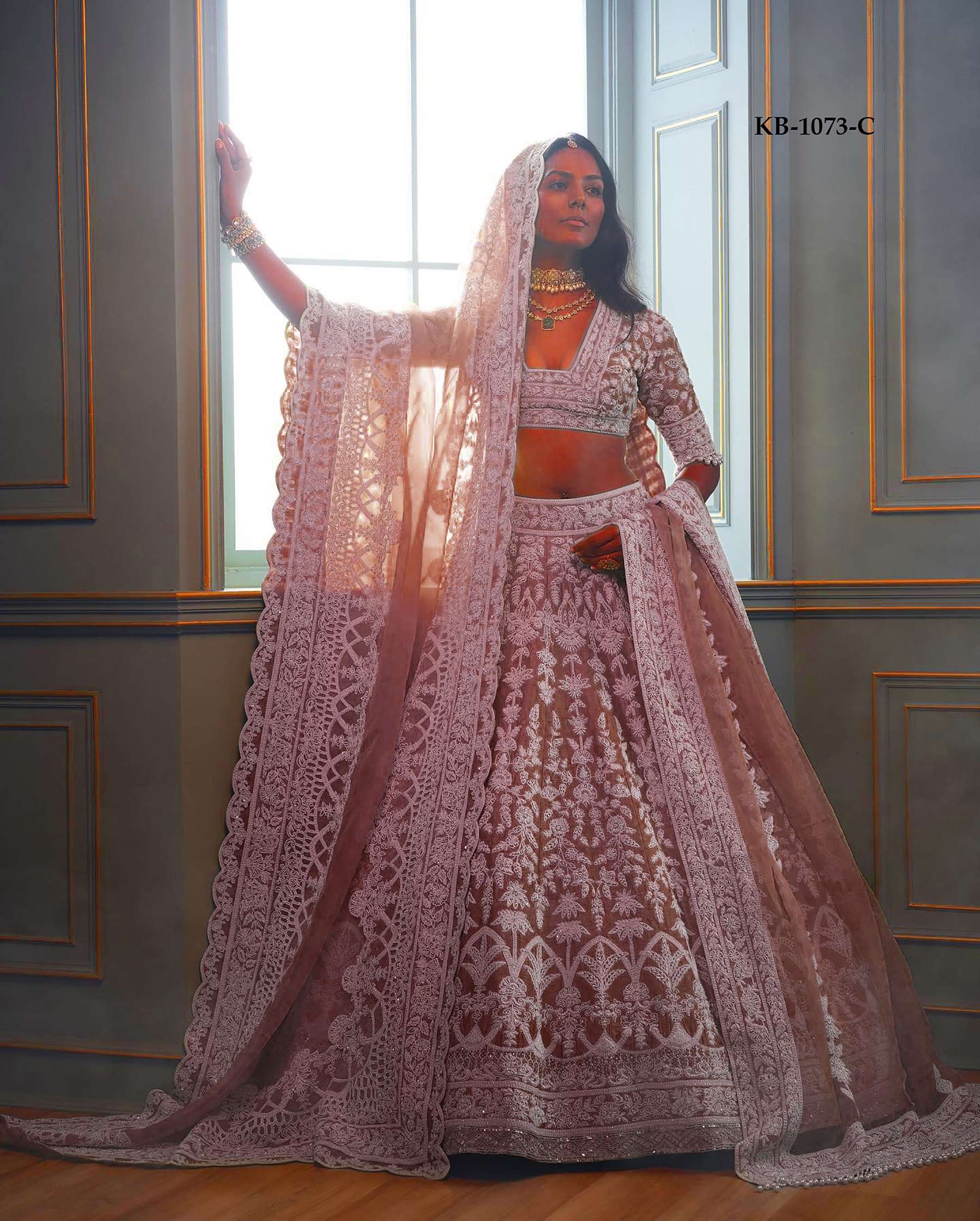 BEST QUALITY INDIAN DESIGNER BOLLYWOOD WEDDING PARTY WEAR PEACH LEHENGA CHOLI AT WHOLESALE RATE KB 1073 C