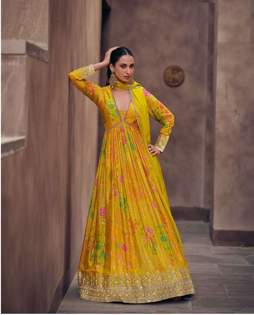 DESIGNER ANARKALI PARTY WEAR YELLOW SALWAR SUIT LONG GOWN IN GEORGETTE AF KESAR 5471