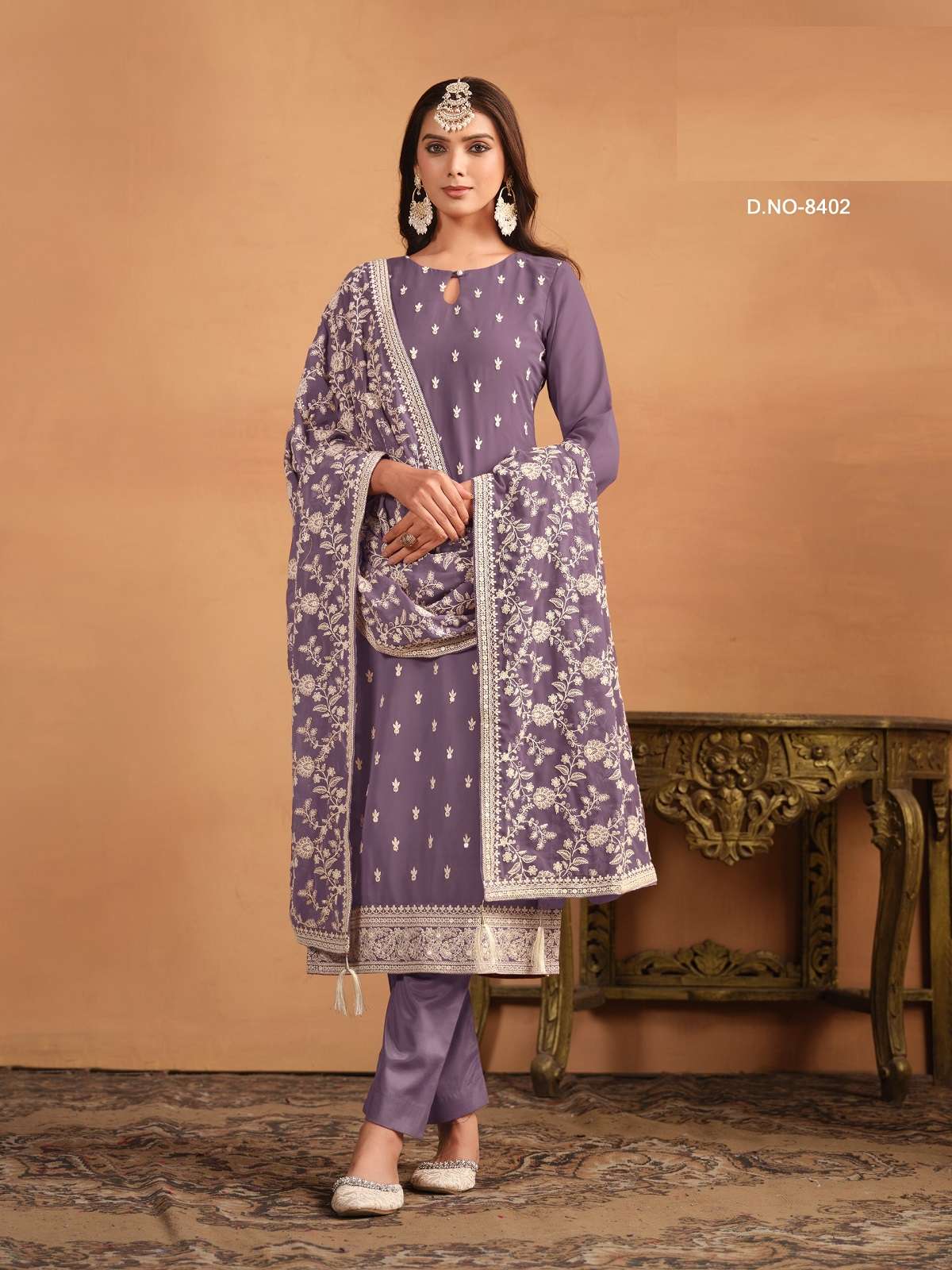 DESIGNER FANCY PARTY WEAR LAVENDER GEORGETTE STRAIGHT INDIAN SALWAR SUIT ANY 8402