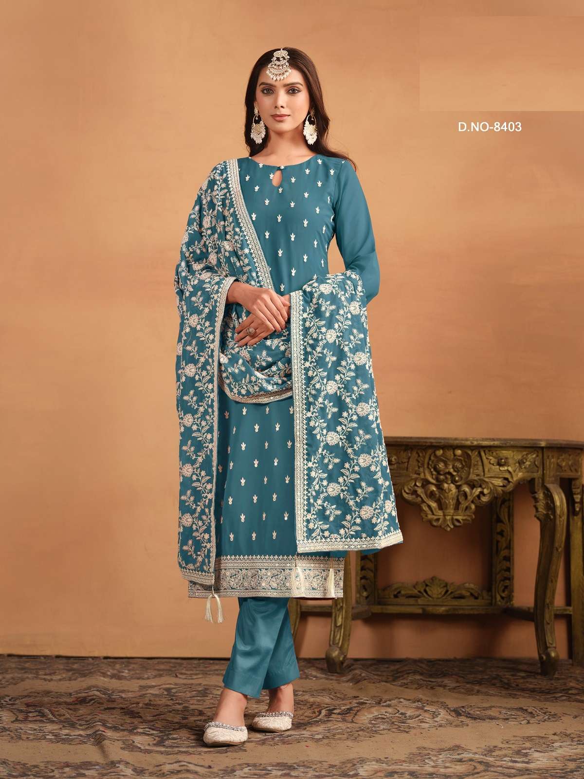 DESIGNER FANCY PARTY WEAR SKY BLUE GEORGETTE STRAIGHT INDIAN SALWAR SUIT ANY 8403