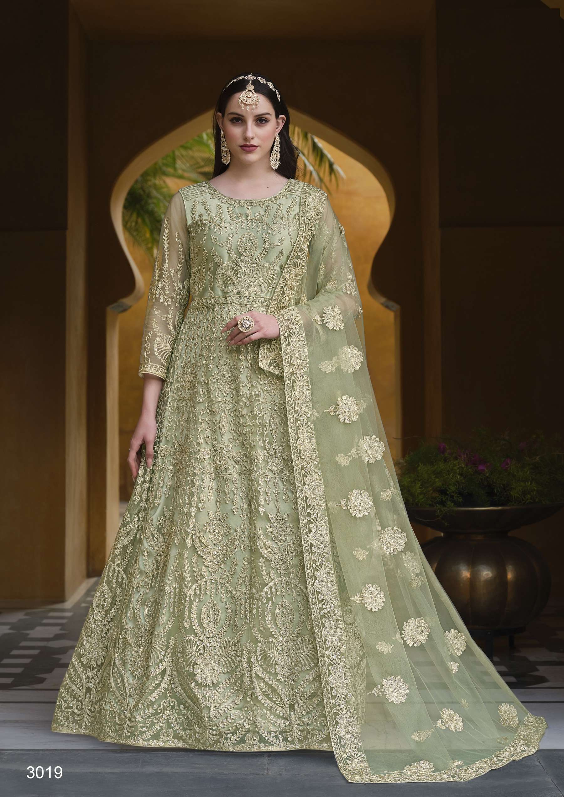 DESIGNER FANCY WEDDING BRIDAL PARTY WEAR BUTTERFLY NET PARROT GREEN ANARKALI SALWAR SUIT GOWN SENHORA KALISHTA 3019