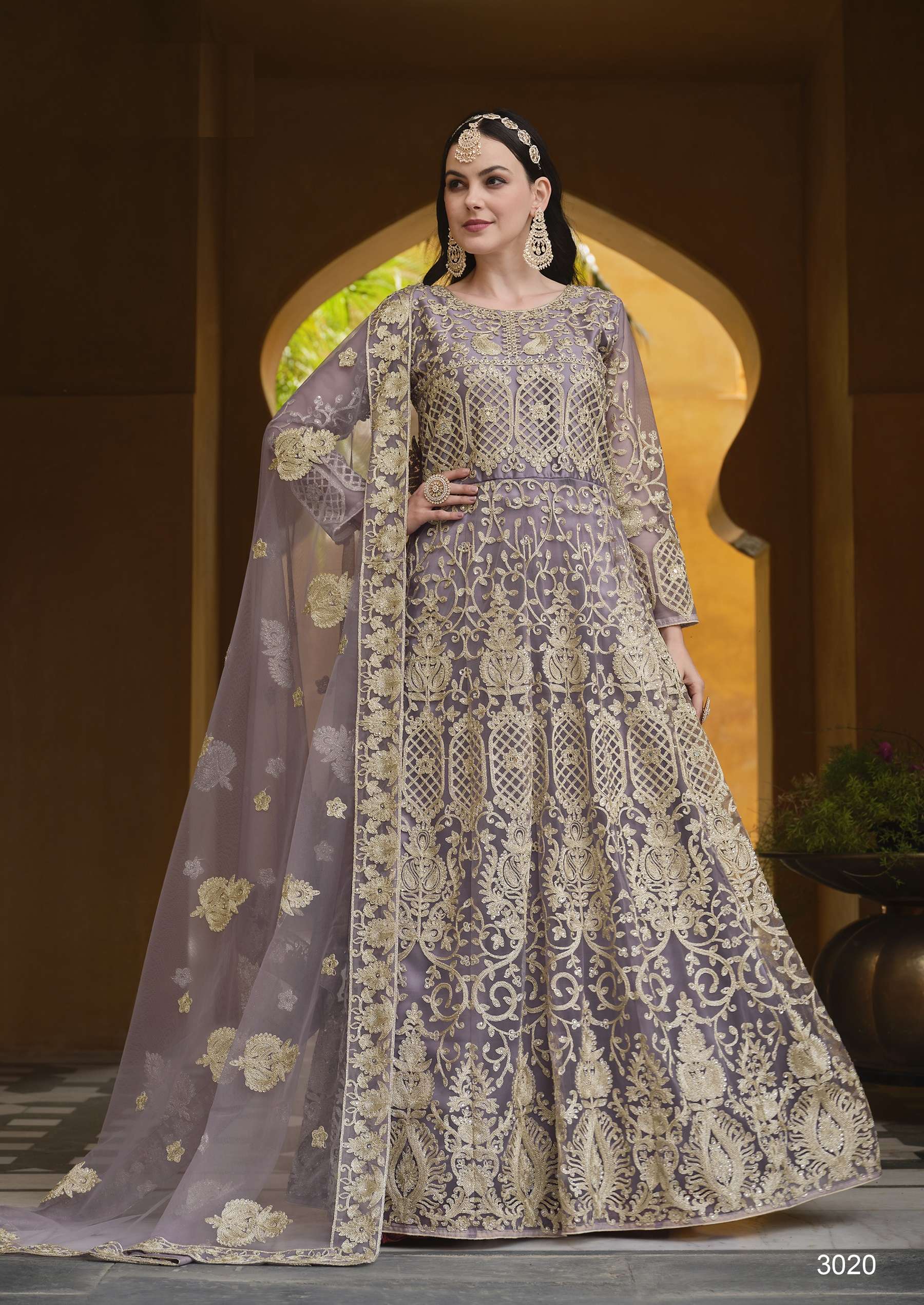 DESIGNER FANCY WEDDING BRIDAL PARTY WEAR BUTTERFLY NET LAVENDER ANARKALI SALWAR SUIT GOWN SENHORA KALISHTA 3020