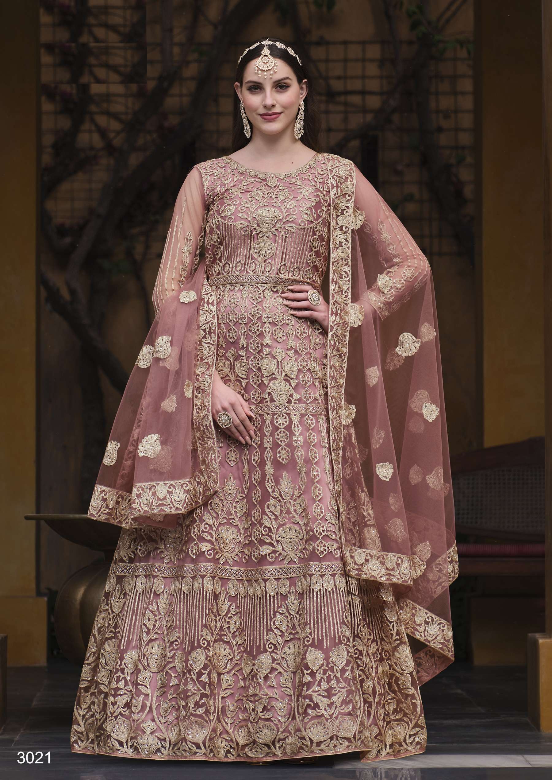 DESIGNER FANCY WEDDING BRIDAL PARTY WEAR BUTTERFLY NET PEACH ANARKALI SALWAR SUIT GOWN SENHORA KALISHTA 3021