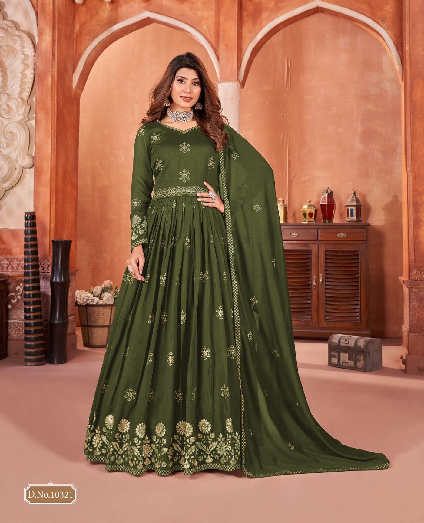 DESIGNER FANCY WEDDING PARTY WEAR EID SPECIAL ART SILK GREEN ANARKALI SALWAR SUIT GOWN ANJB 10321