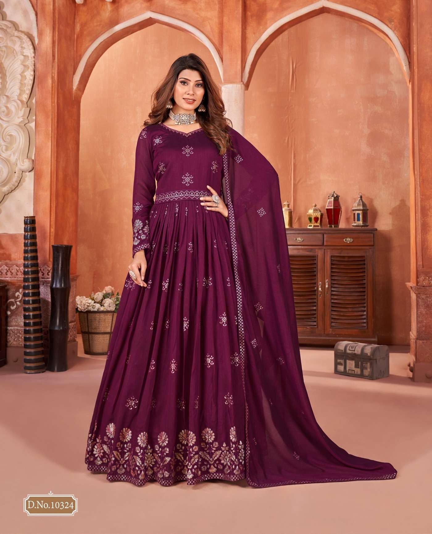 DESIGNER FANCY WEDDING PARTY WEAR EID SPECIAL ART SILK WINE ANARKALI SALWAR SUIT GOWN ANJB 10323