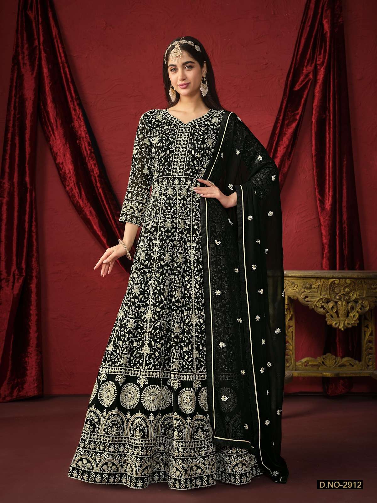 DESIGNER FANCY WEDDING PARTY WEAR FAUX GEORGETTE BLACK ANARKALI SALWAR SUIT GOWN TWISHA 2912