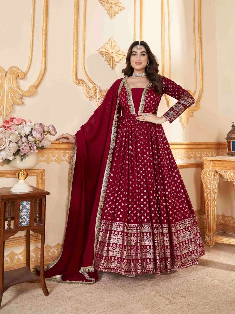 DESIGNER FANCY WEDDING PARTY WEAR FAUX GEORGETTE READY TO WEAR RED ANARKALI SALWAR SUIT GOWN DRESS KF FLORY 5011