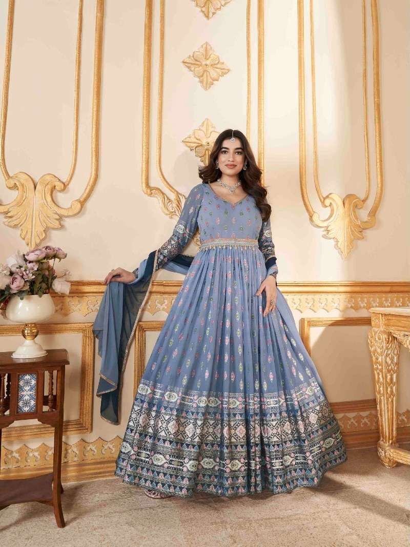 DESIGNER FANCY WEDDING PARTY WEAR FAUX GEORGETTE READY TO WEAR GREY ANARKALI SALWAR SUIT GOWN DRESS KF FLORY 5014