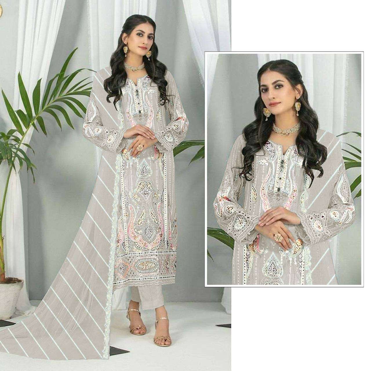 DESIGNER FANCY WEDDING PARTY WEAR GEORGETTE STRAIGHT INDIAN PAKISTANI GREY SALWAR SUIT JG 5117 B