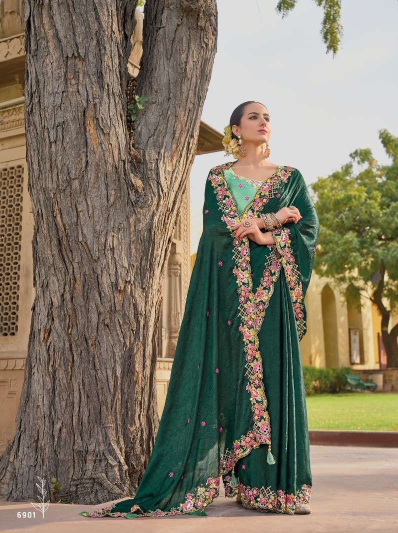 DESIGNER FANCY WEDDING PARTY WEAR INDIAN GREEN ORGANZA SILK SAREE COLLECTION SM TATHASTU 6901