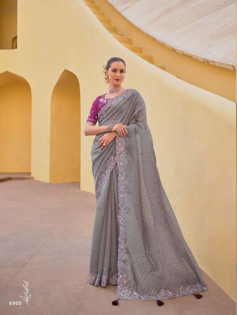 DESIGNER FANCY WEDDING PARTY WEAR INDIAN GREY ORGANZA SILK SAREE COLLECTION SM TATHASTU 6905