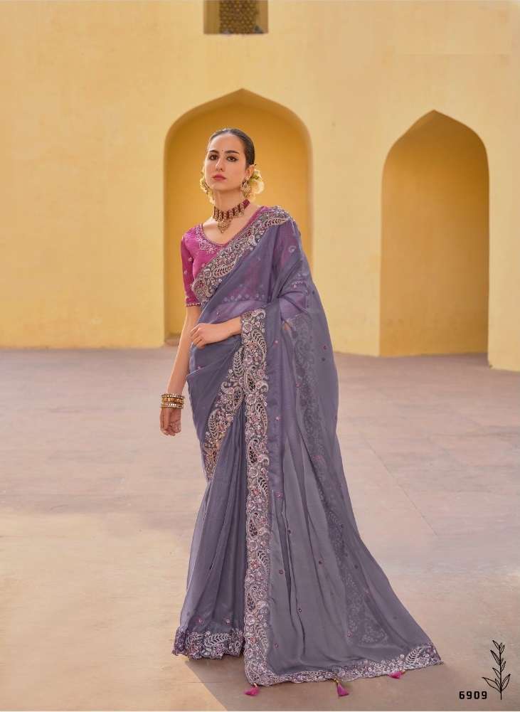 DESIGNER FANCY WEDDING PARTY WEAR INDIAN GREY ORGANZA SILK SAREE COLLECTION SM TATHASTU 6909