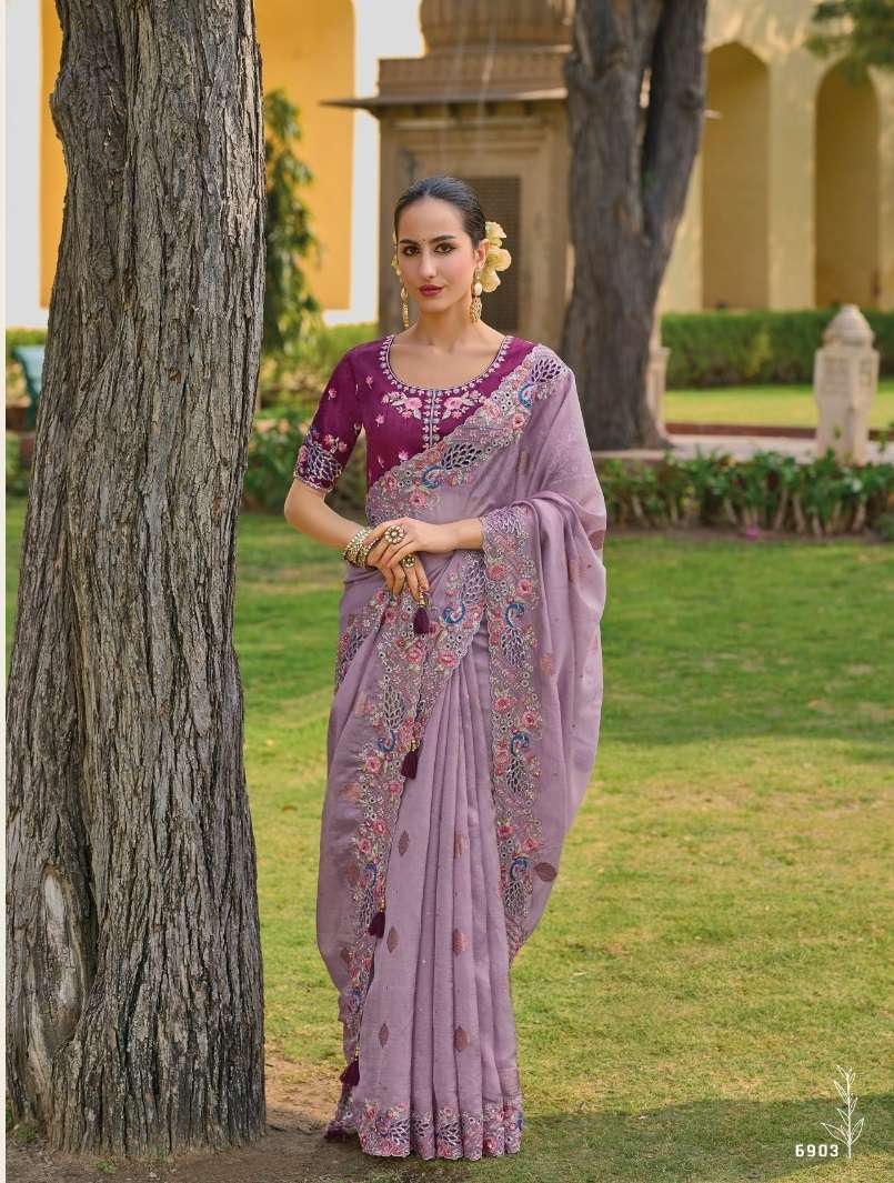 DESIGNER FANCY WEDDING PARTY WEAR INDIAN LAVENDER ORGANZA SILK SAREE COLLECTION SM TATHASTU 6903