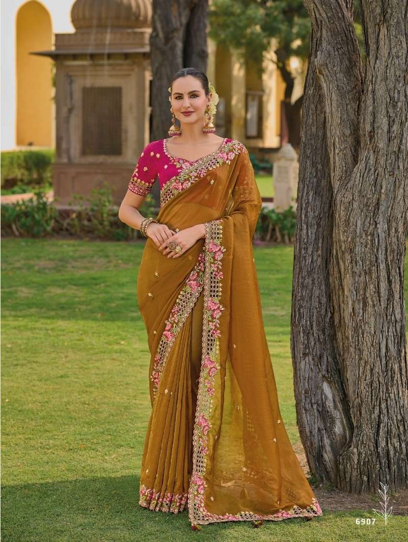 DESIGNER FANCY WEDDING PARTY WEAR INDIAN MUSTURD YELLOW ORGANZA SILK SAREE COLLECTION SM TATHASTU 6907