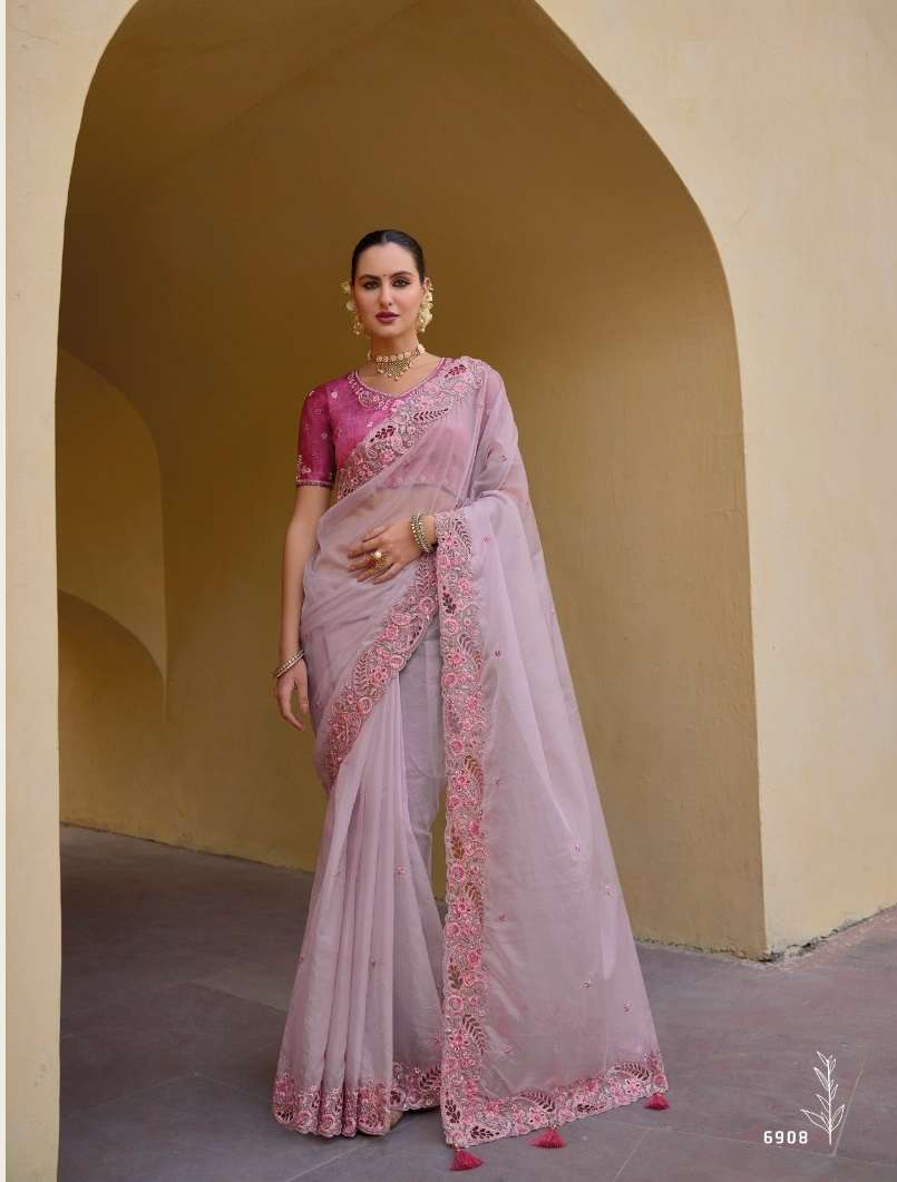 DESIGNER FANCY WEDDING PARTY WEAR INDIAN PINK ORGANZA SILK SAREE COLLECTION SM TATHASTU 6908