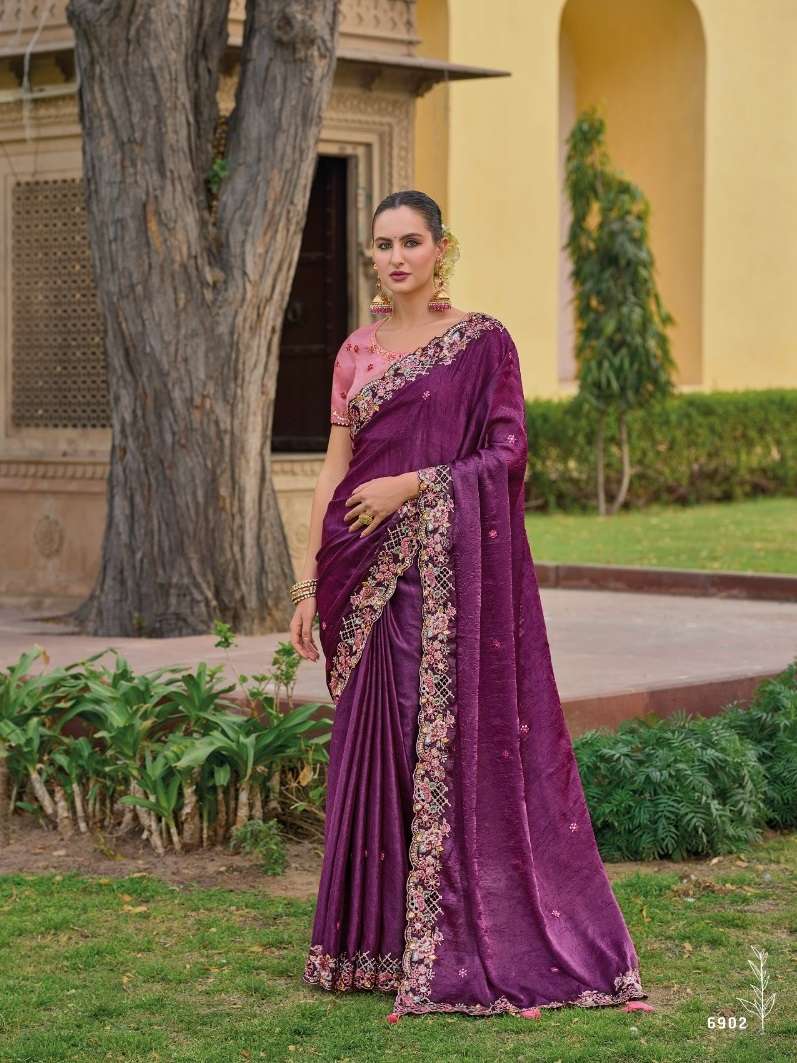 DESIGNER FANCY WEDDING PARTY WEAR INDIAN PURPLE ORGANZA SILK SAREE COLLECTION SM TATHASTU 6902