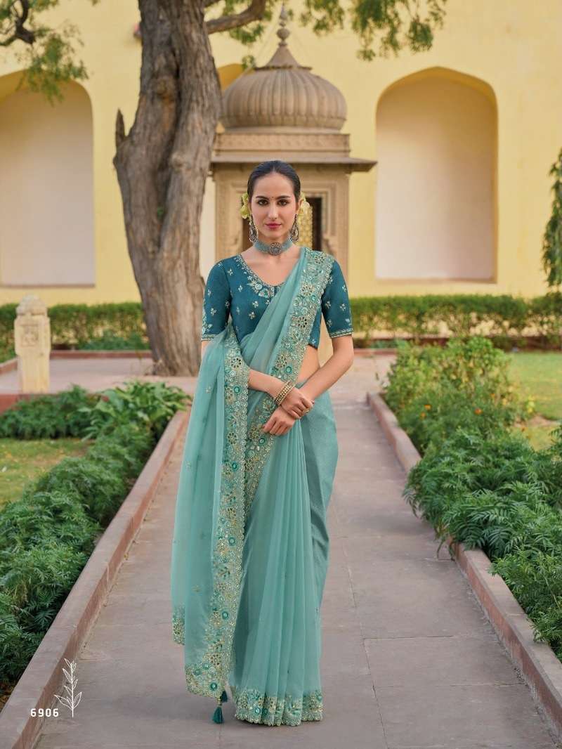 DESIGNER FANCY WEDDING PARTY WEAR INDIAN SKY BLUE ORGANZA SILK SAREE COLLECTION SM TATHASTU 6906