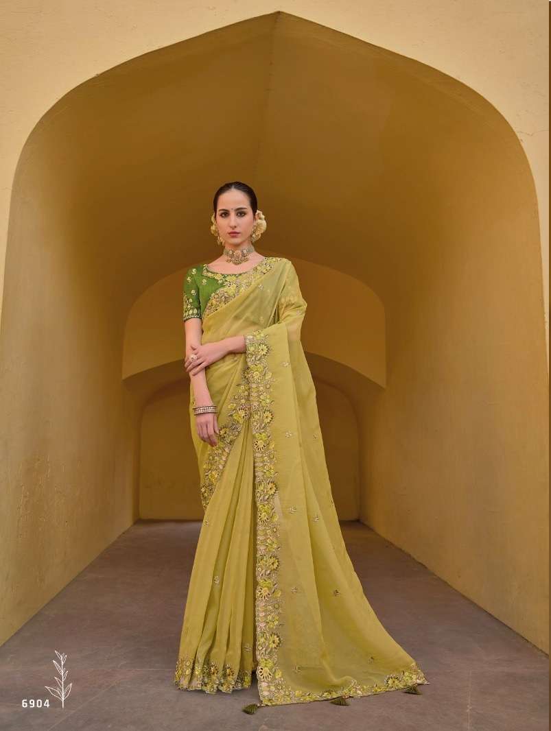 DESIGNER FANCY WEDDING PARTY WEAR INDIAN YELLOW ORGANZA SILK SAREE COLLECTION SM TATHASTU 6904