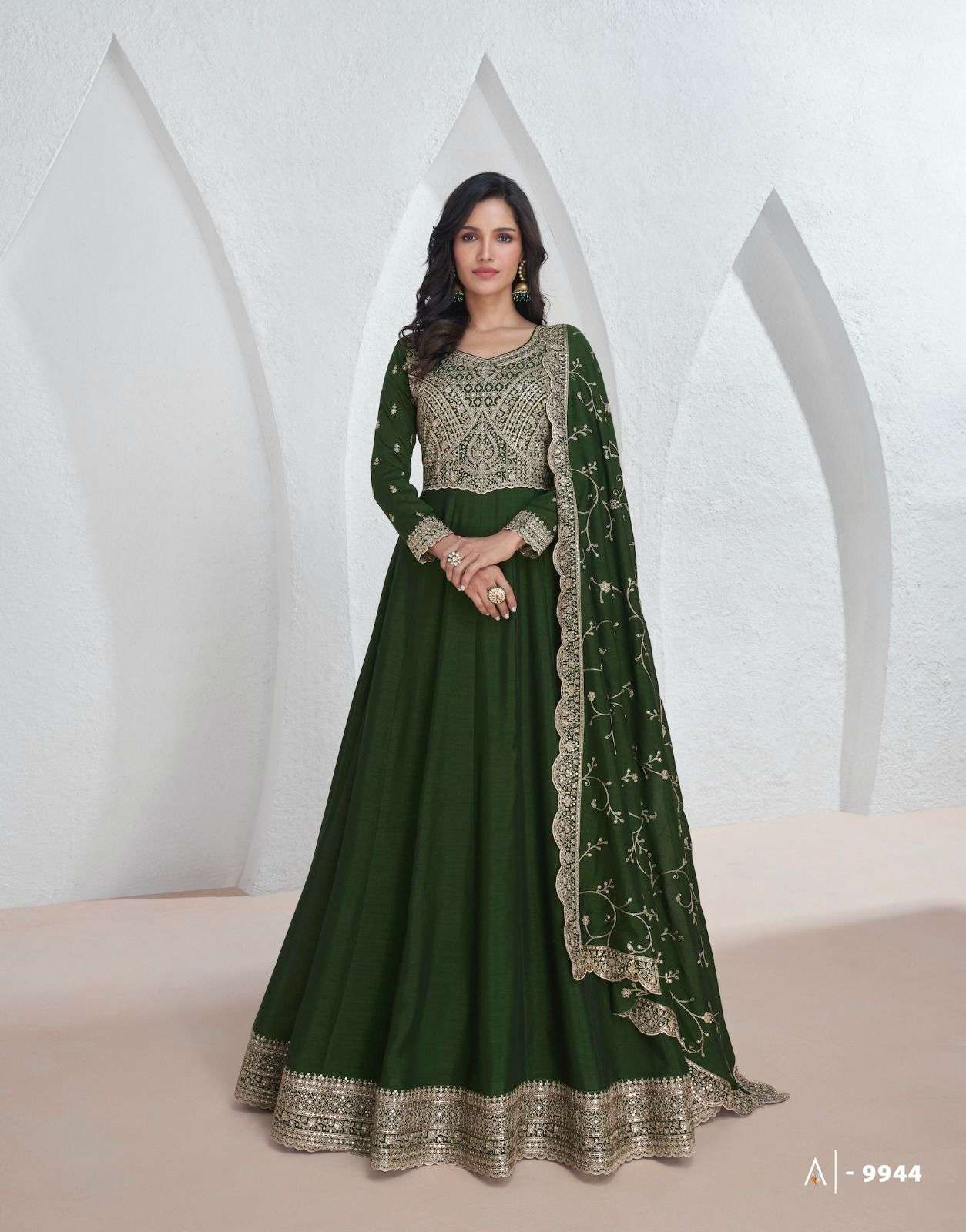 DESIGNER FANCY WEDDING PARTY WEAR PREMIUM GREEN SILK ANARKALI SALWAR SUIT GOWN AF SAROJ 9944