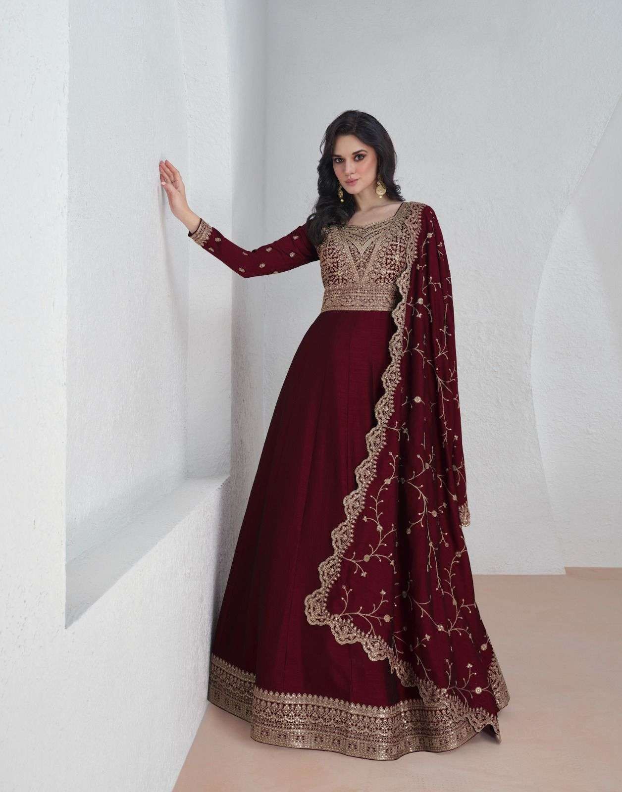 DESIGNER FANCY WEDDING PARTY WEAR PREMIUM RED SILK ANARKALI SALWAR SUIT GOWN AF SAROJ 9945