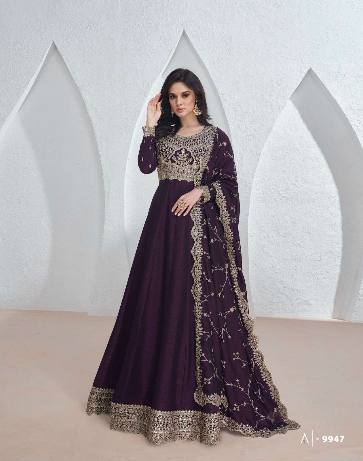 DESIGNER FANCY WEDDING PARTY WEAR PREMIUM WINE SILK ANARKALI SALWAR SUIT GOWN AF SAROJ 9947