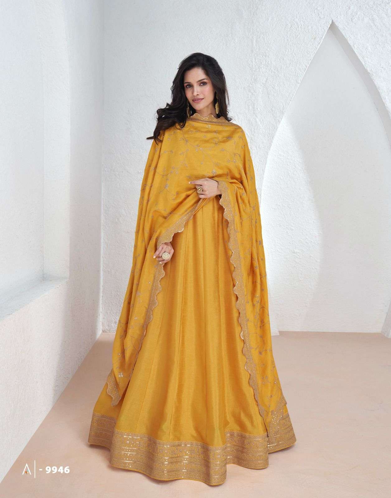 DESIGNER FANCY WEDDING PARTY WEAR PREMIUM YELLOW SILK ANARKALI SALWAR SUIT GOWN AF SAROJ 9946