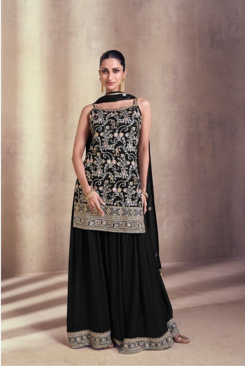 DESIGNER WEDDING PARTY WEAR GEORGETTE BLACK TOP SHARARA FANCY SALWAR SUIT CPR SIYONA 5407 D