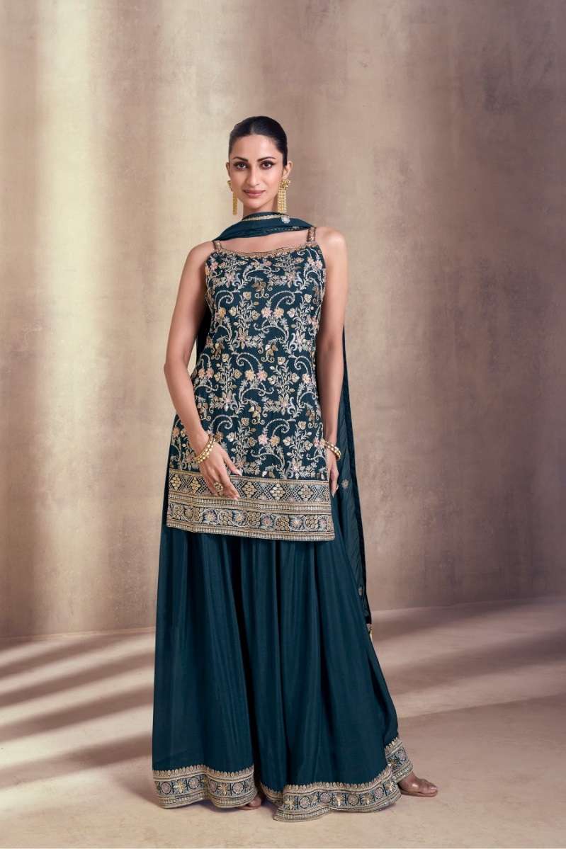 DESIGNER WEDDING PARTY WEAR GEORGETTE RAMA BLUE TOP SHARARA FANCY SALWAR SUIT CPR SIYONA 5407 A