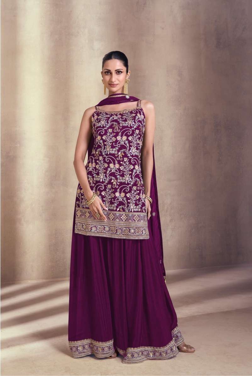 DESIGNER WEDDING PARTY WEAR GEORGETTE WINE TOP SHARARA FANCY SALWAR SUIT CPR SIYONA 5407 B