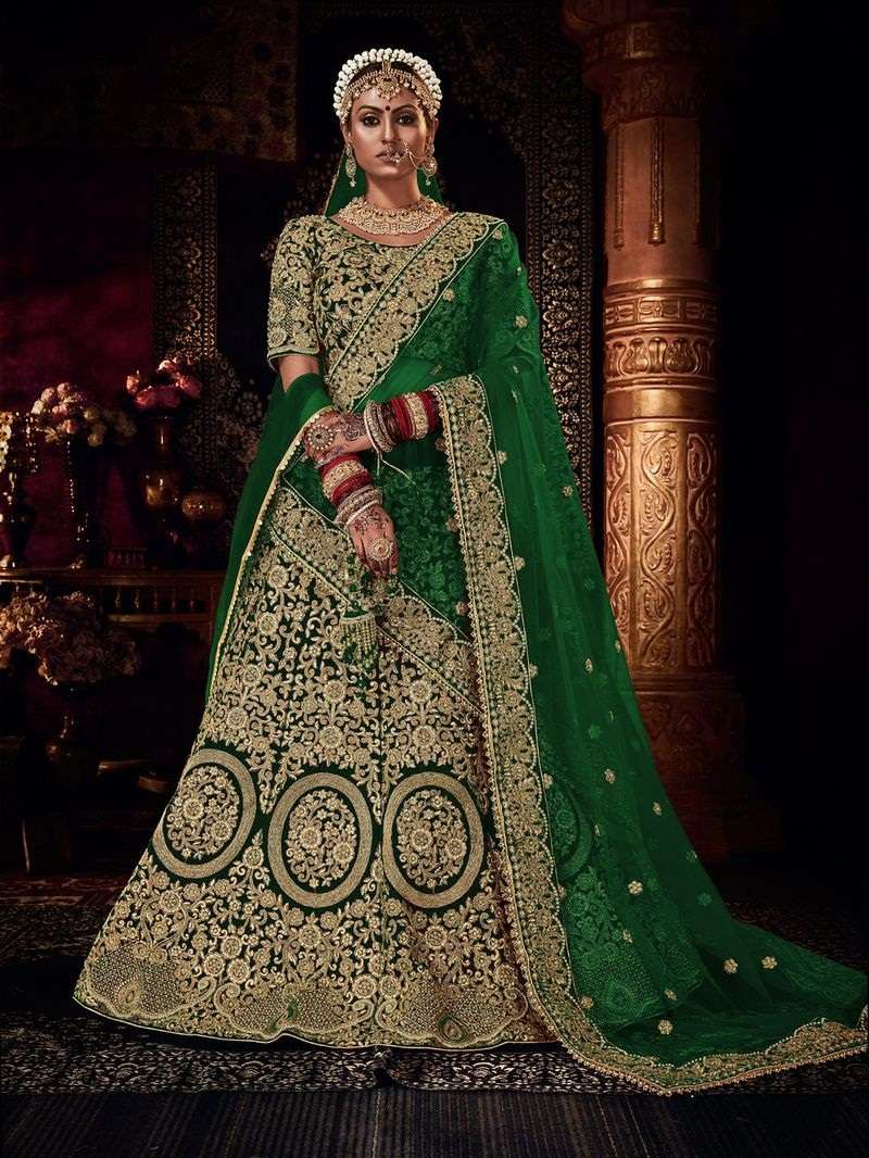 HEAVY PREMIUM BRIDAL WEDDING WEAR GREEN VELVET LEHENGA EXCLUSIVE COLLECTION SENHORA SHRADHDHA 2011