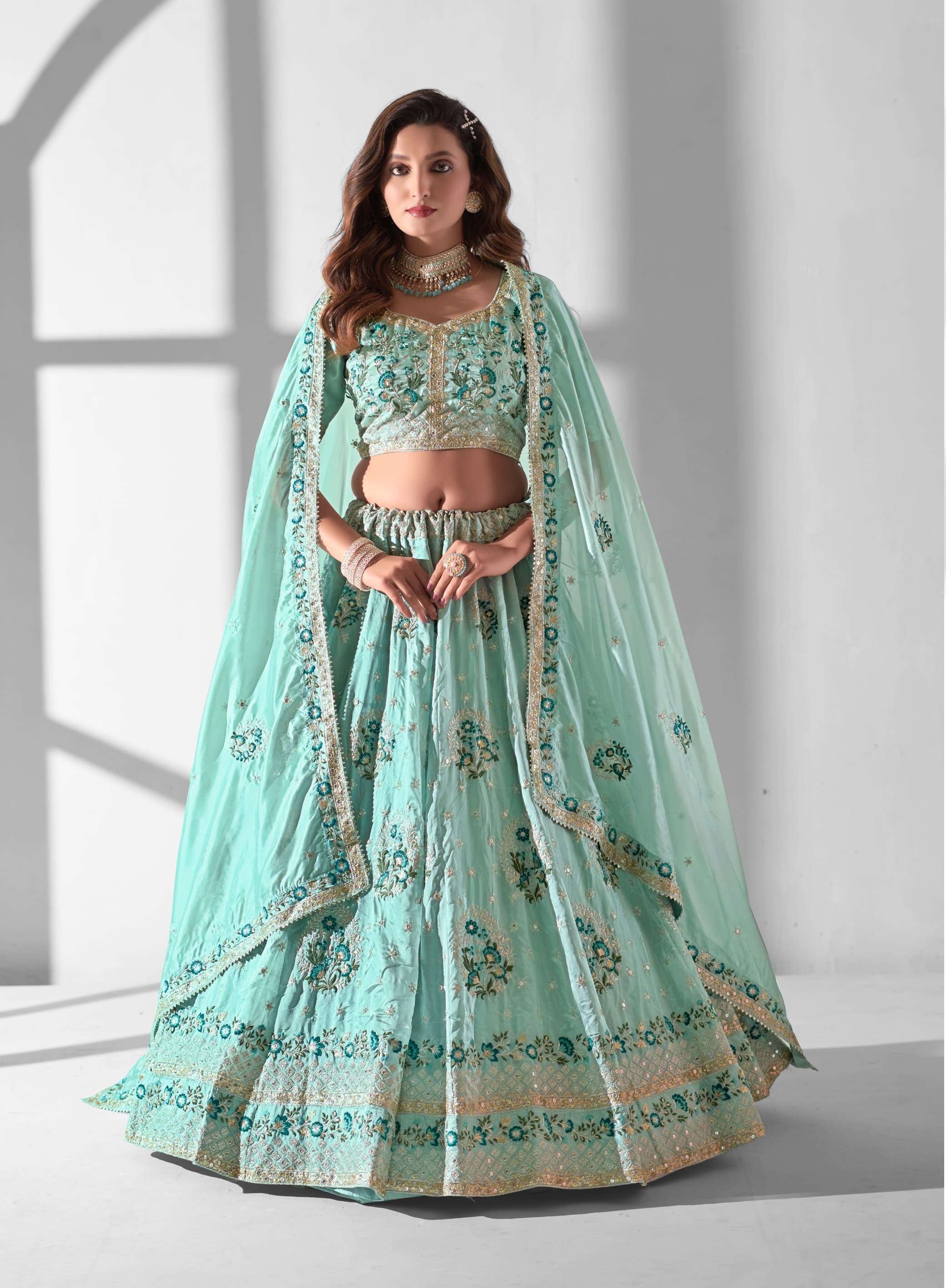 INDIAN BOLLYWOOD DESIGNER FANCY WEDDING BRIDAL PARTY WEAR SKY BLUE ORGANZA LEHENGA CHOLI DST 11010