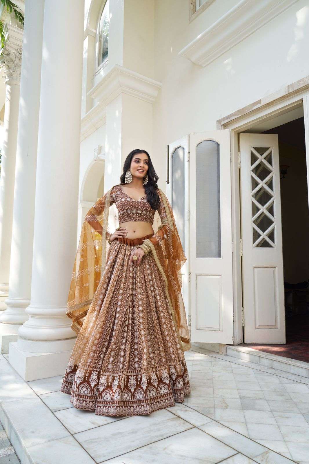 INDIAN BOLLYWOOD DESIGNER FANCY WEDDING PARTY WEAR BROWN BUTTERFLY NET LEHENGA CHOLI DST NRYANI KELAYA 2132