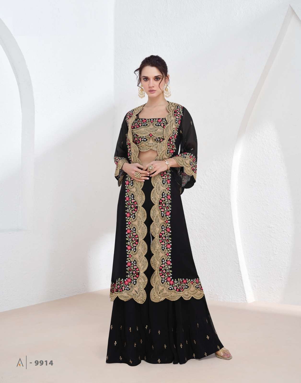 INDIAN BOLLYWOOD DESIGNER PARTY WEAR GEORGETTE BLACK KOTI SKIRT SALWAR SUIT CUM LEHENGA WITH THREAD SEQUENCE WORK SY AARZOO 9914