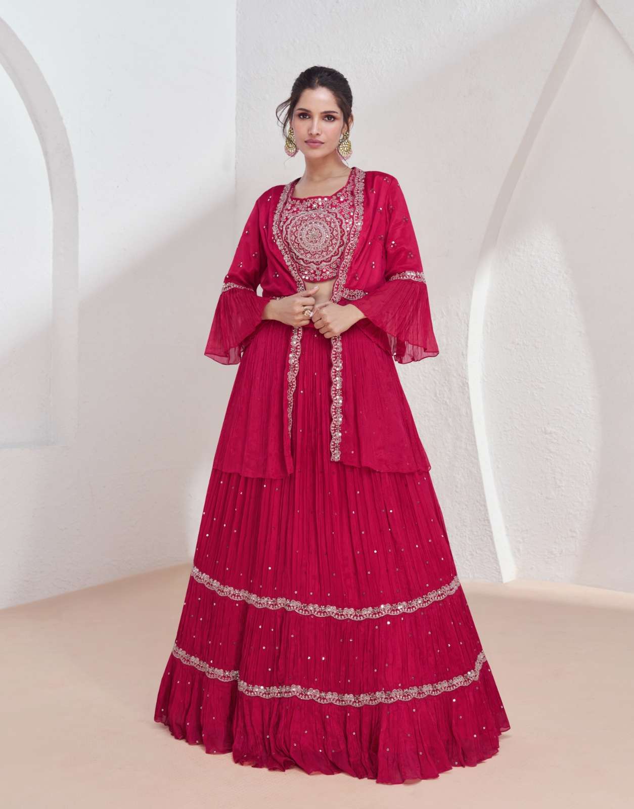 INDIAN BOLLYWOOD DESIGNER PARTY WEAR GEORGETTE RANI PINK KOTI SKIRT SALWAR SUIT CUM LEHENGA WITH THREAD SEQUENCE WORK SY AARZOO 9915