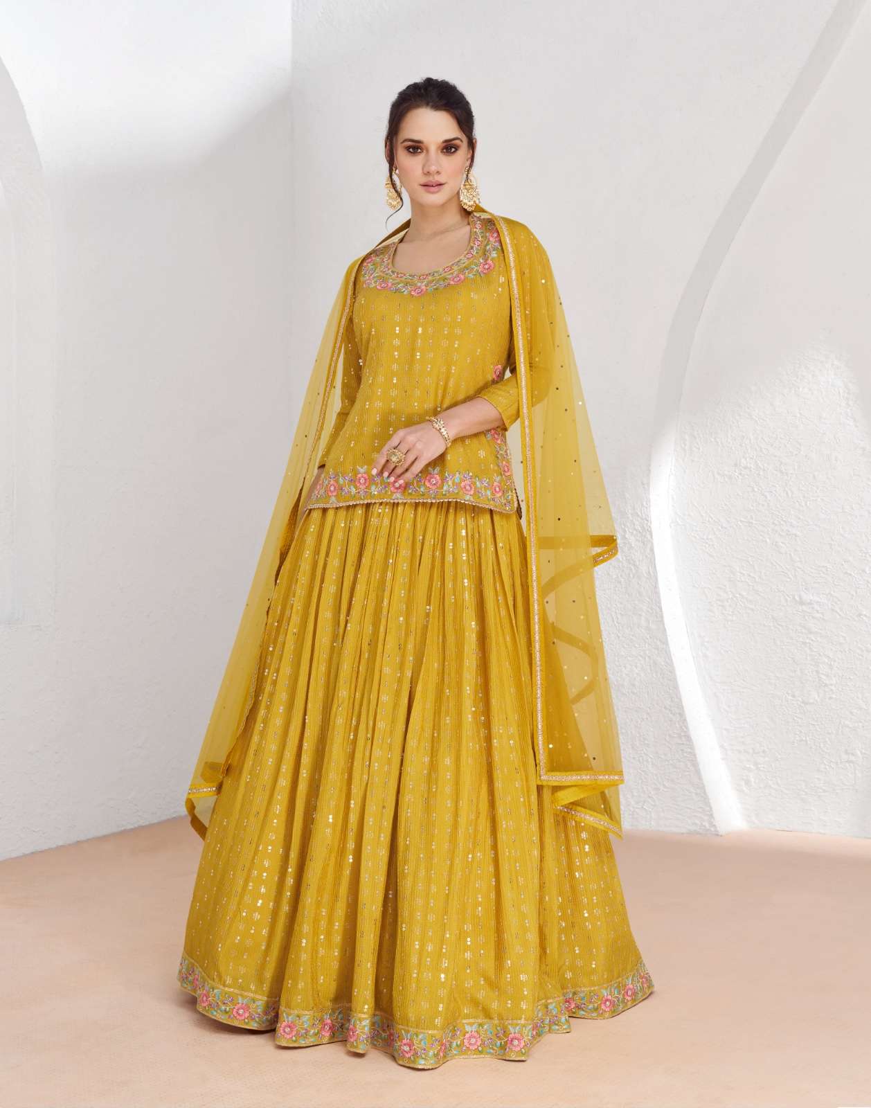 INDIAN BOLLYWOOD DESIGNER PARTY WEAR GEORGETTE YELLOW KOTI SKIRT SALWAR SUIT CUM LEHENGA WITH THREAD SEQUENCE WORK SY AARZOO 9912