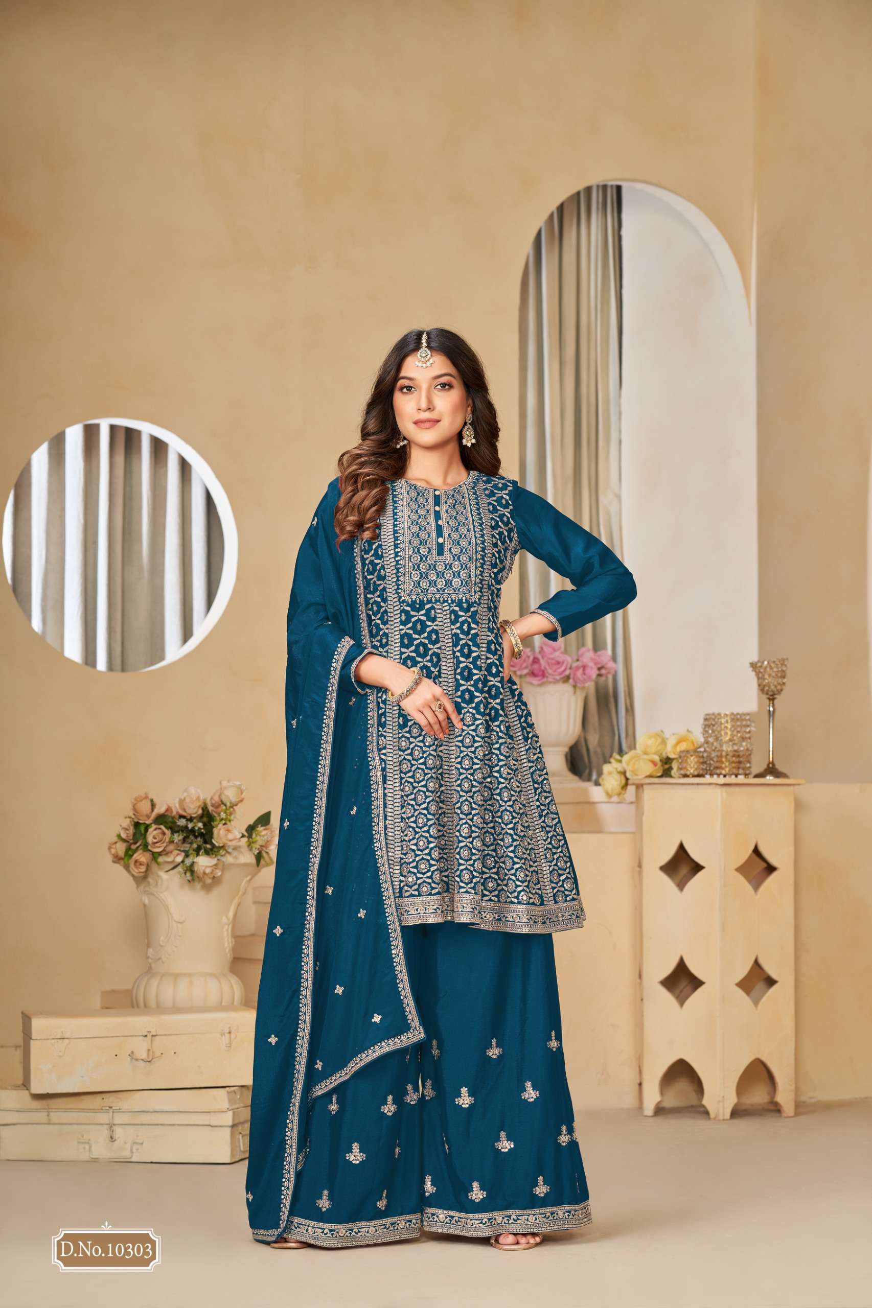 INDIAN DESIGNER FANCY WEDDING PARTY WEAR CHINON BLUE PUNJABI SHARARA PALLAZO SALWAR SUIT ANJB 10303