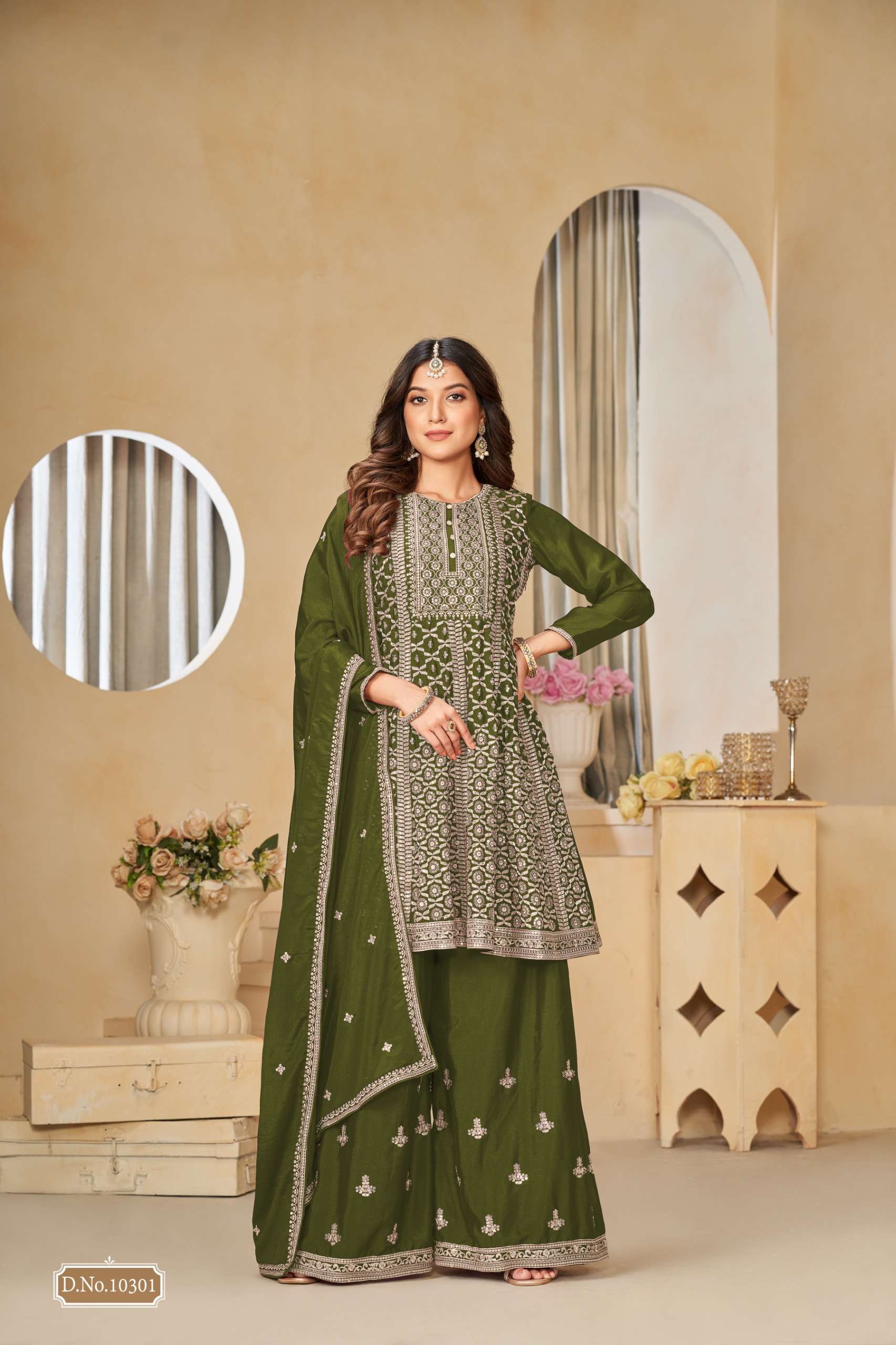 INDIAN DESIGNER FANCY WEDDING PARTY WEAR CHINON GREEN PUNJABI SHARARA PALLAZO SALWAR SUIT ANJB 10301