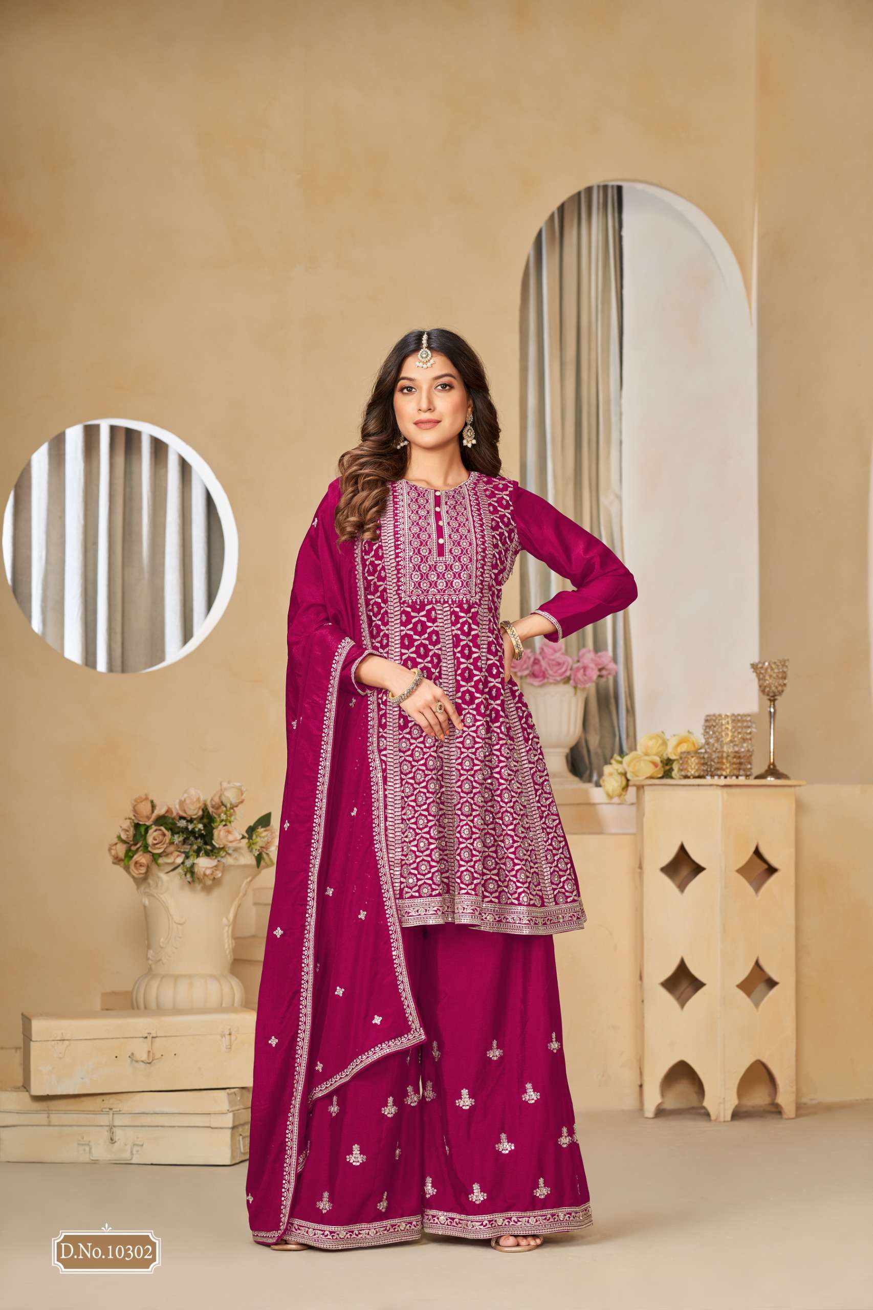 INDIAN DESIGNER FANCY WEDDING PARTY WEAR CHINON PINK PUNJABI SHARARA PALLAZO SALWAR SUIT ANJB 10302