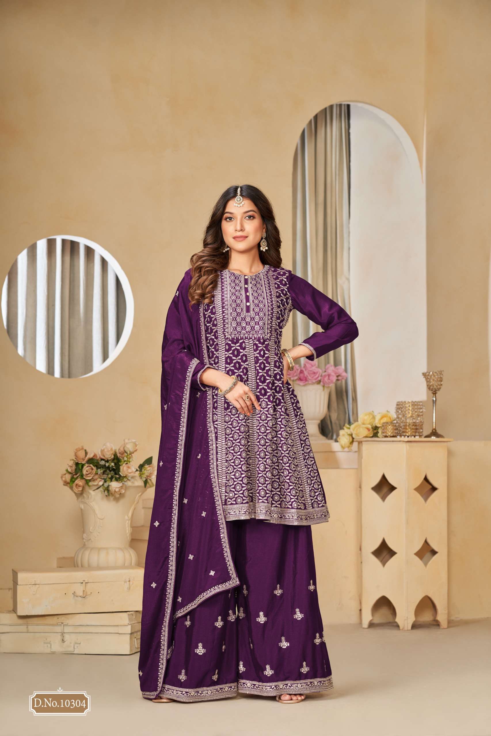 INDIAN DESIGNER FANCY WEDDING PARTY WEAR CHINON PURPLE PUNJABI SHARARA PALLAZO SALWAR SUIT ANJB 10304