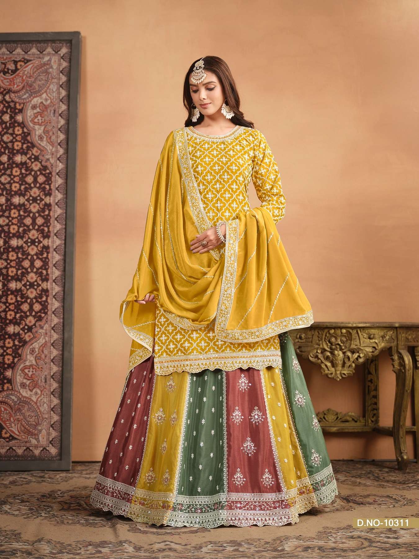 INDIAN DESIGNER FANCY WEDDING PARTY WEAR CHINON SILK YELLOW PUNJABI SHARARA PALLAZO SALWAR SUIT ANJB 10311