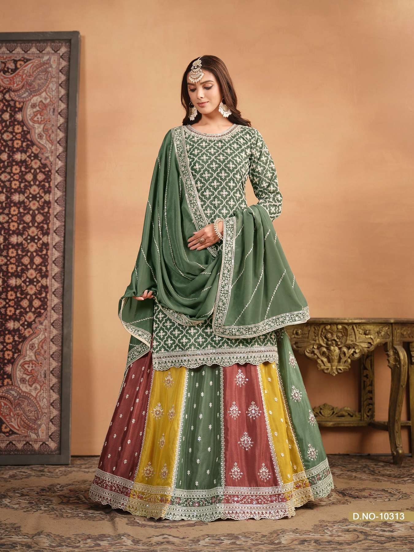 INDIAN DESIGNER FANCY WEDDING PARTY WEAR CHINON SILK GREEN PUNJABI SHARARA PALLAZO SALWAR SUIT ANJB 10313