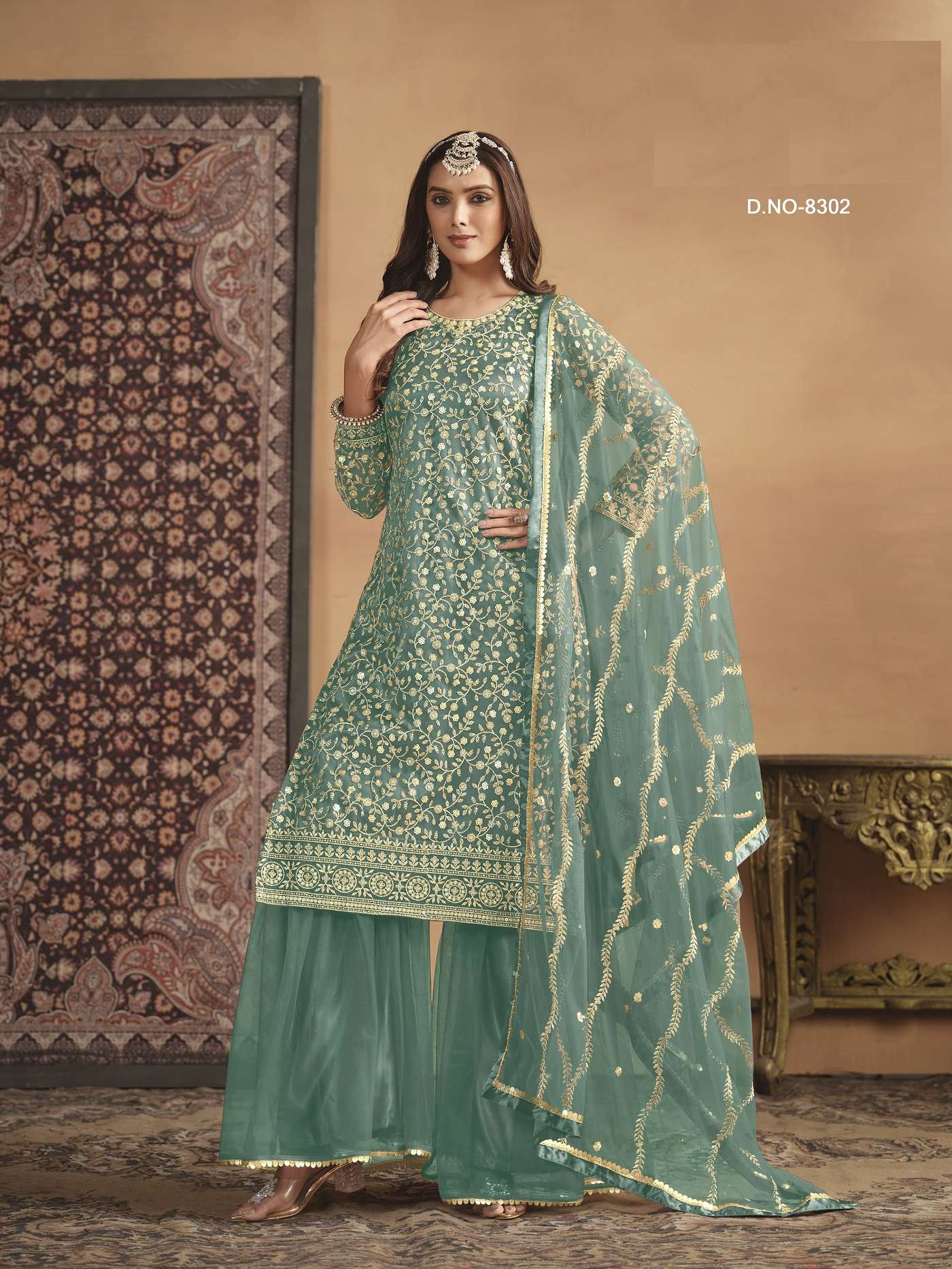 INDIAN DESIGNER FANCY WEDDING PARTY WEAR HEAVY GREEN NET PUNJABI SHARARA PALLAZO SALWAR SUIT ANY 8302