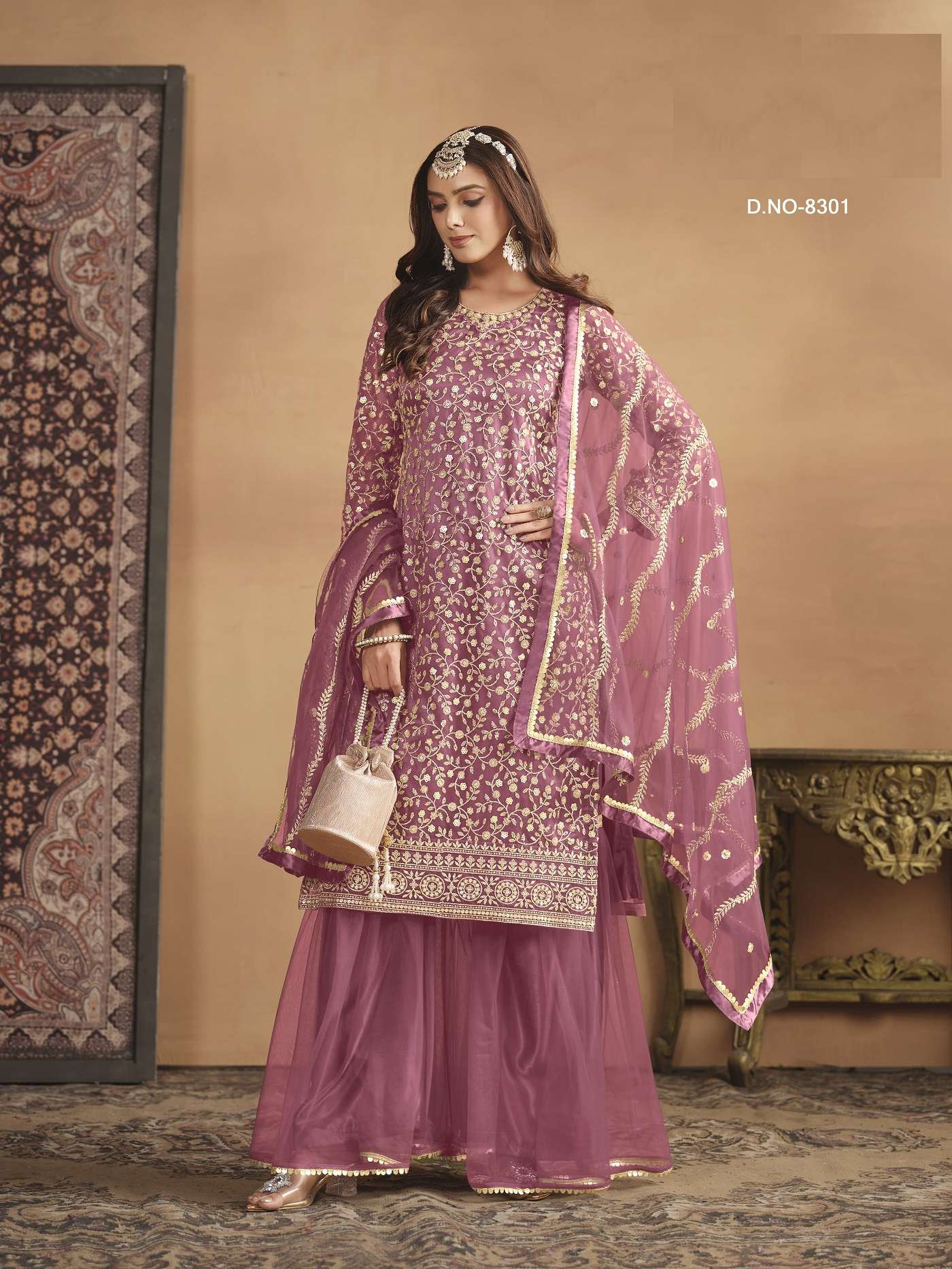 INDIAN DESIGNER FANCY WEDDING PARTY WEAR HEAVY PINK NET PUNJABI SHARARA PALLAZO SALWAR SUIT ANY 8301