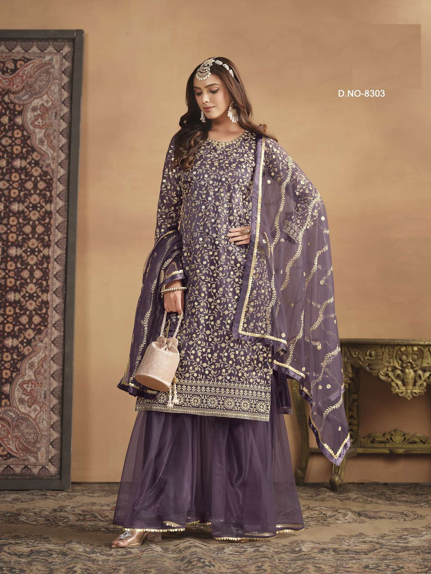 INDIAN DESIGNER FANCY WEDDING PARTY WEAR LAVENDER HEAVY NET PUNJABI SHARARA PALLAZO SALWAR SUIT ANY 8303