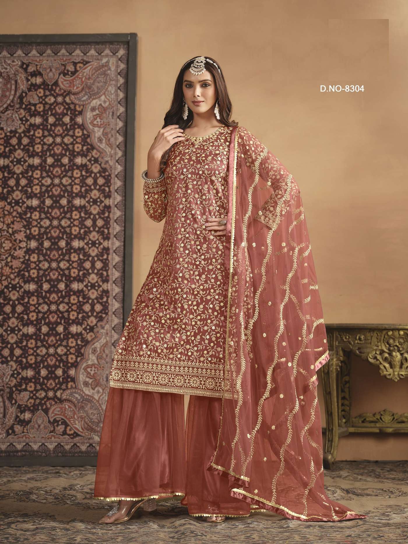 INDIAN DESIGNER FANCY WEDDING PARTY WEAR ORANGE HEAVY NET PUNJABI SHARARA PALLAZO SALWAR SUIT ANY 8304